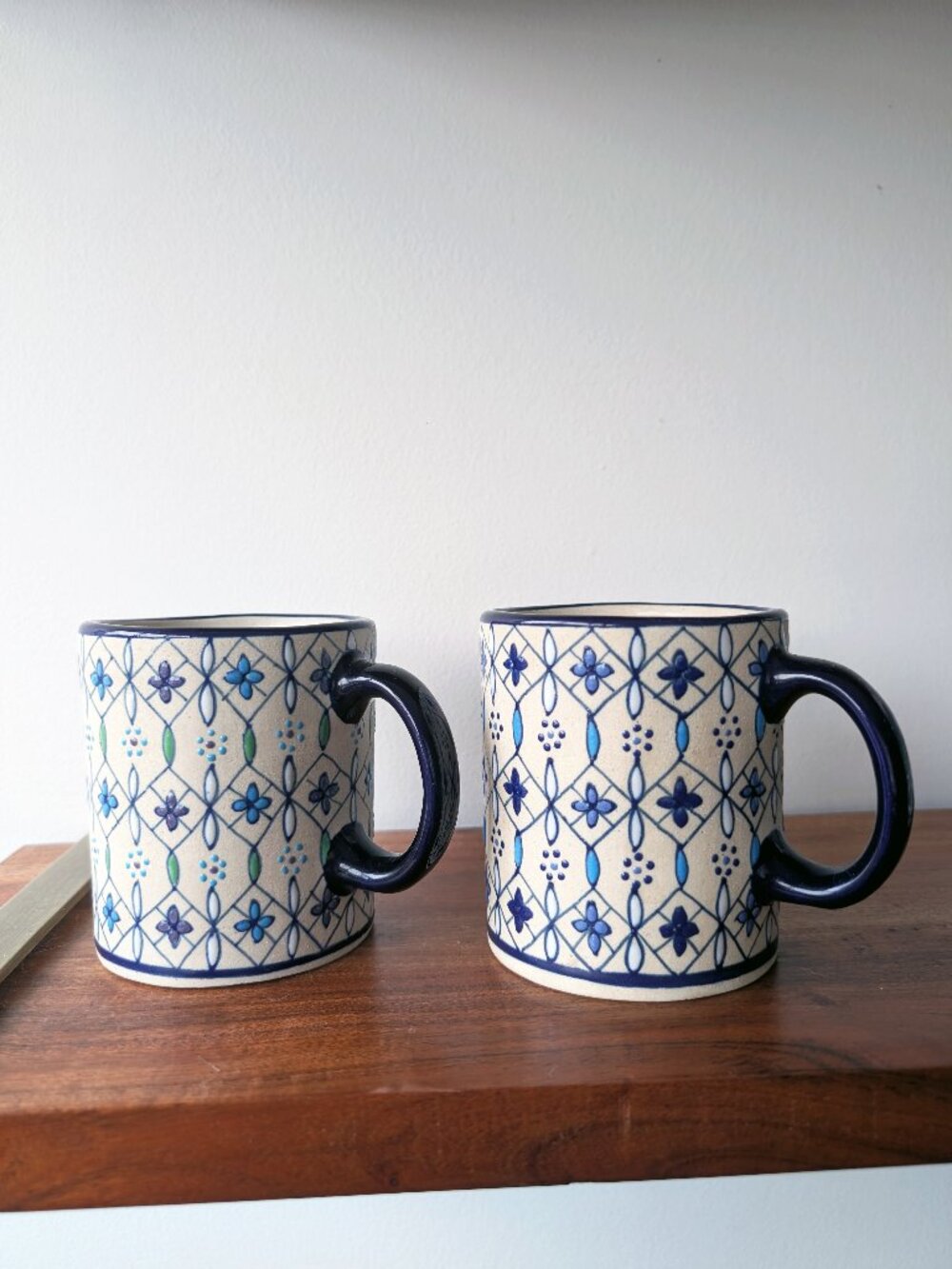 Set of 2 Javier Servin Signed Mexican Studio Pottery Mugs Geometric Stoneware